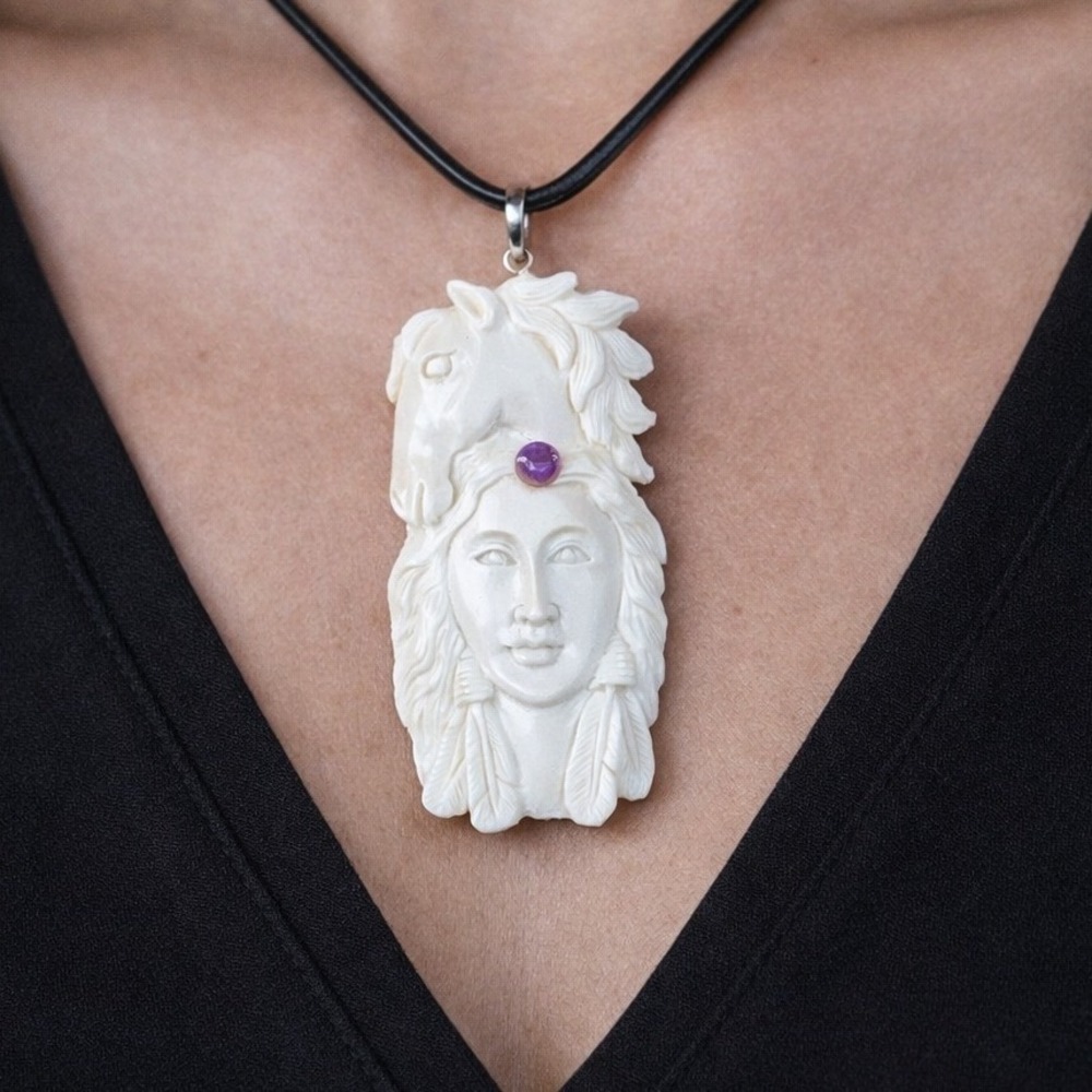 Carved Buffalo Bone Pendant Woman & Horse Motif 2.5 x 1Inch Statement Necklace